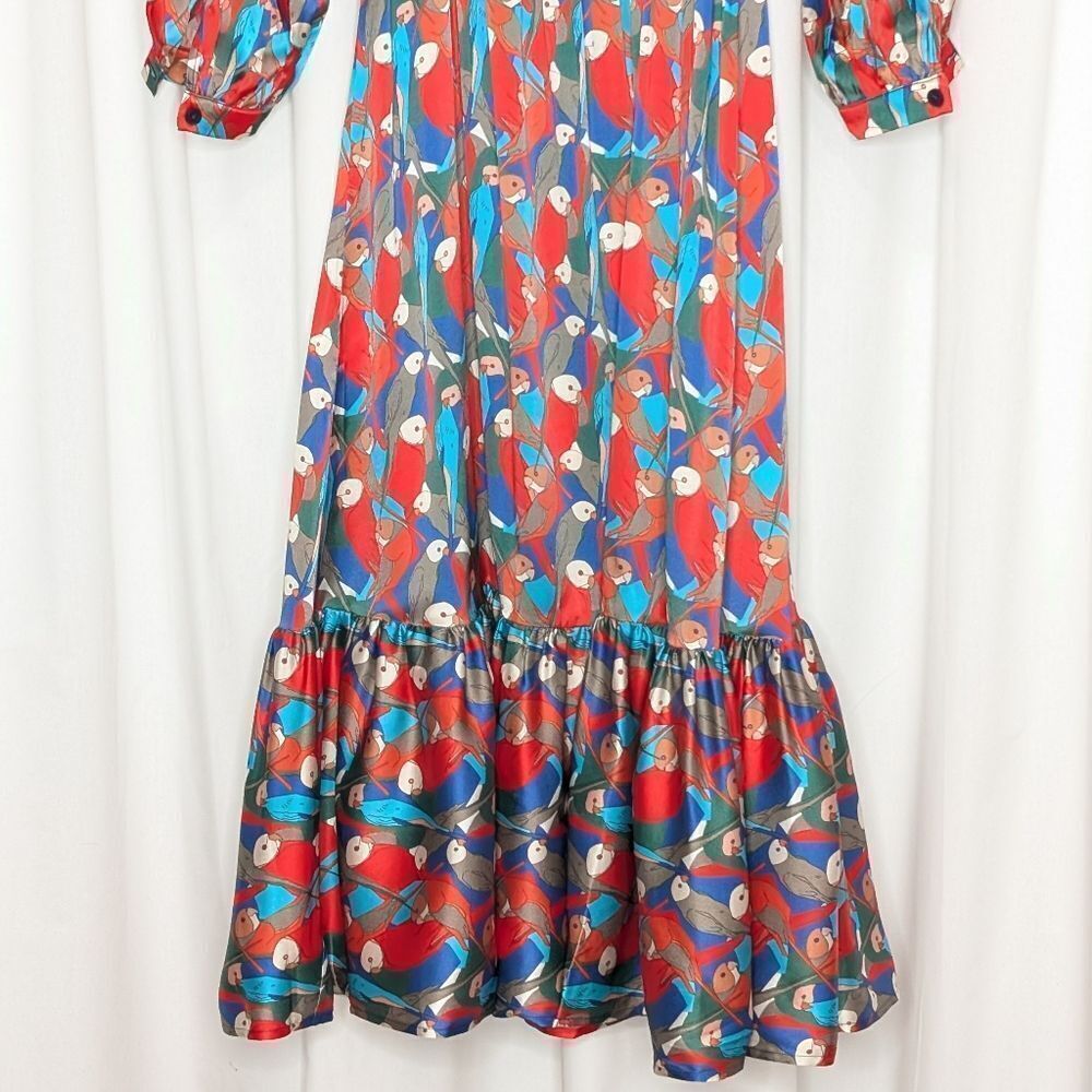 Tucker Juliette Dress Deco Parrot in Silk Stretch Charmeuse Bird Print Midi - Picture 9 of 9